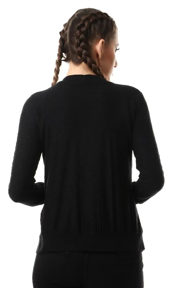 57729 Self Striped Buttoned Black Cardigan With Hem