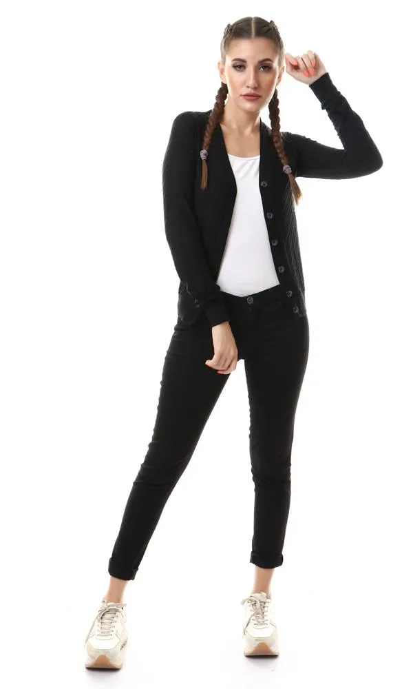 57729 Self Striped Buttoned Black Cardigan With Hem