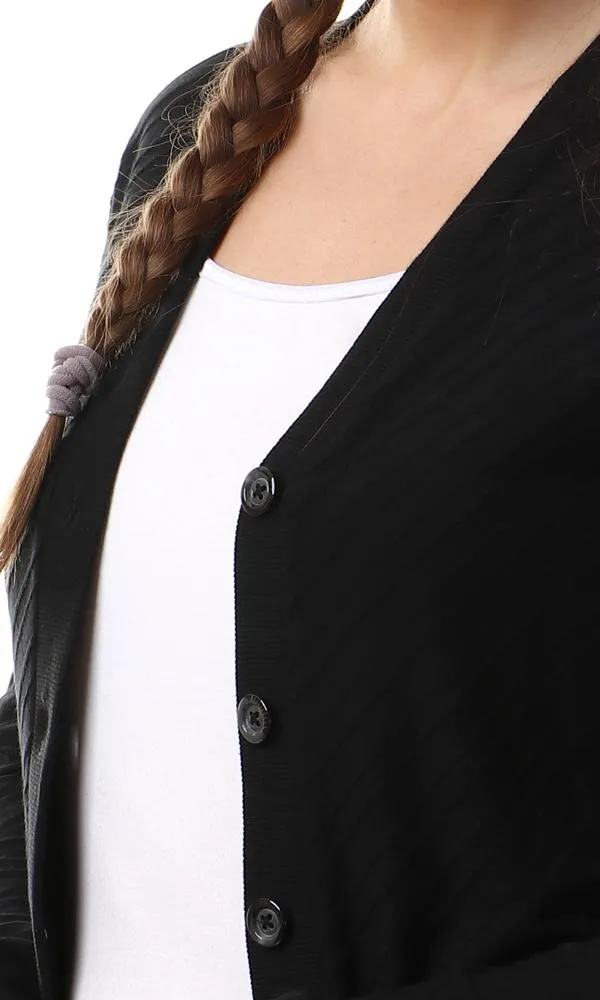 57729 Self Striped Buttoned Black Cardigan With Hem