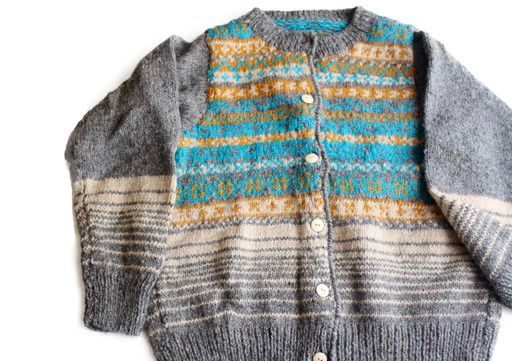 Aqua Blue and Mustard Lining Hand Knitted Pure Woolen Cardigan Sweater