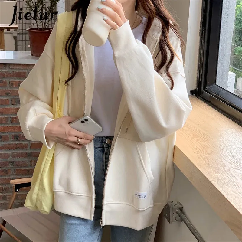 Autumn Chic Zip-up Hoodies Female Casual Street Loose Thin Blue Gray Apricot Sweatshirt Pocket Hooded Women Cardigans