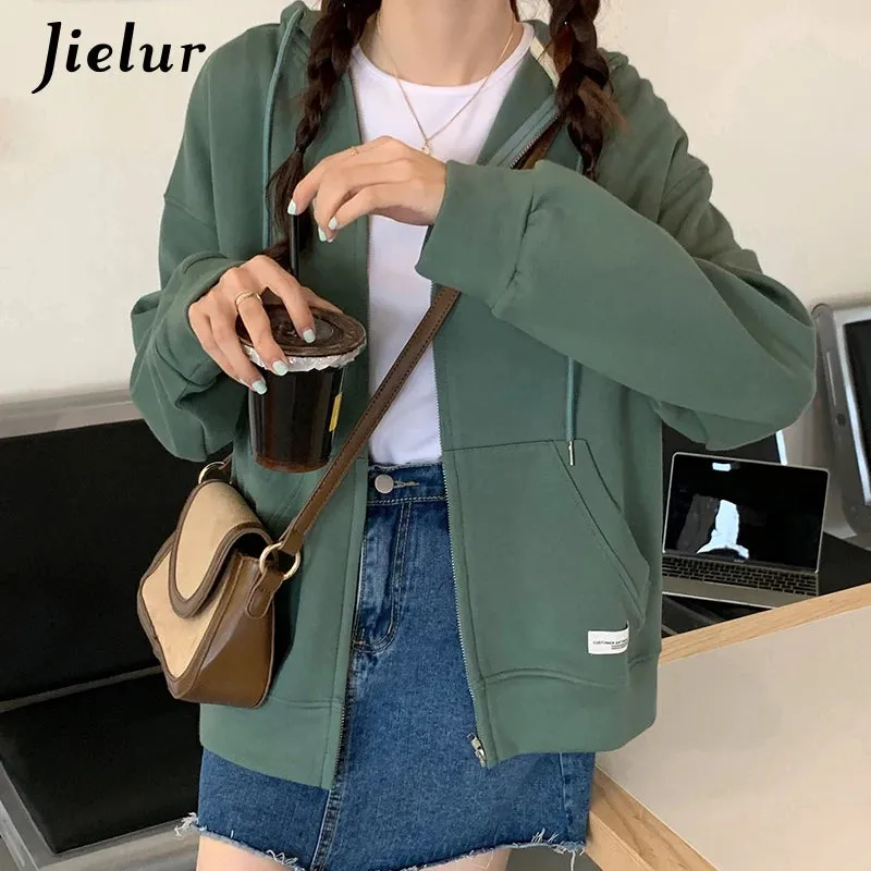 Autumn Chic Zip-up Hoodies Female Casual Street Loose Thin Blue Gray Apricot Sweatshirt Pocket Hooded Women Cardigans