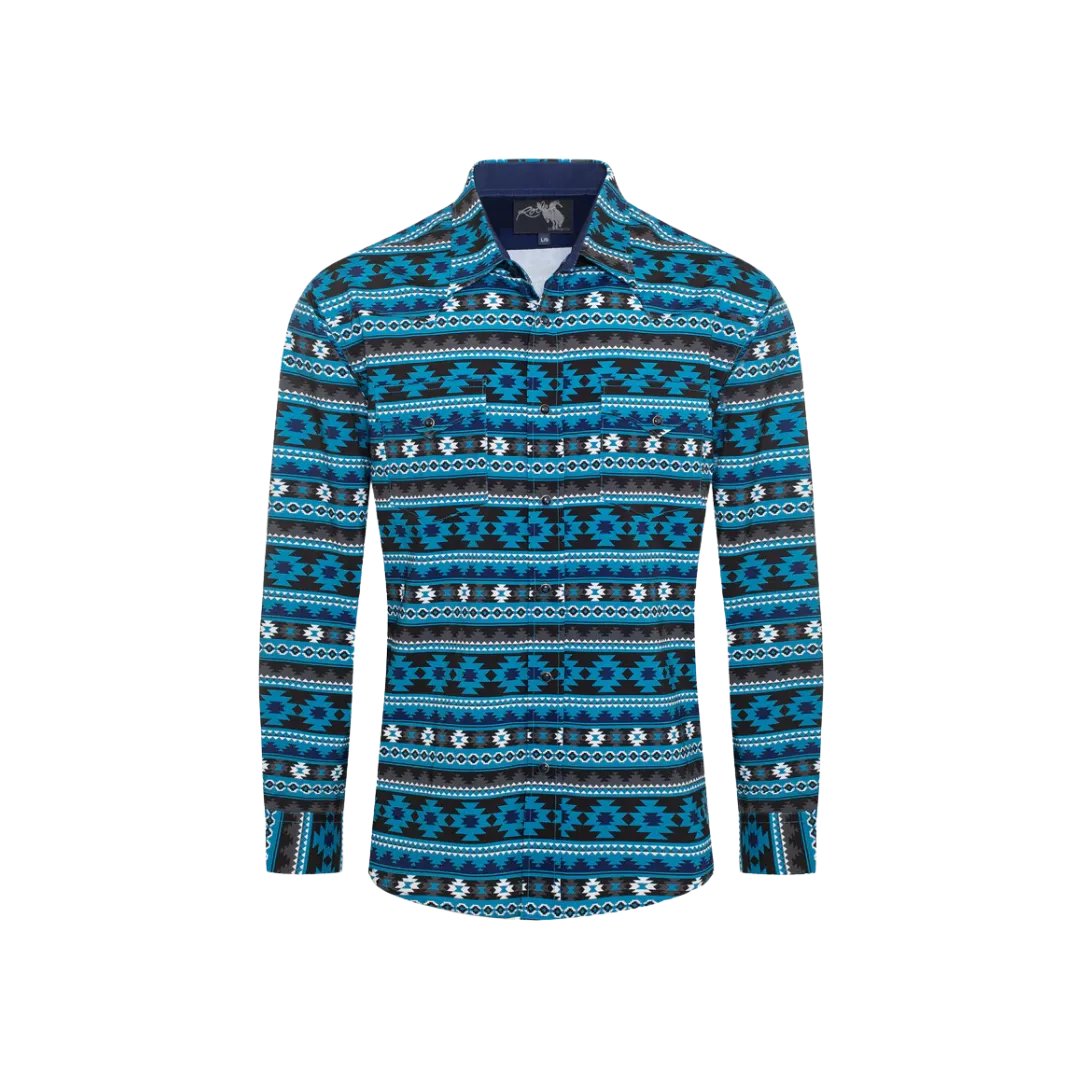 Avalon Men's Western Pearl Snap Aztec Print Blue Shirt