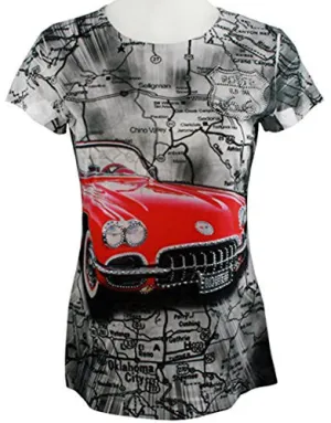 Big Bang Clothing - Red Car, Short Sleeve Scoop Neck Rhinestone Print Top