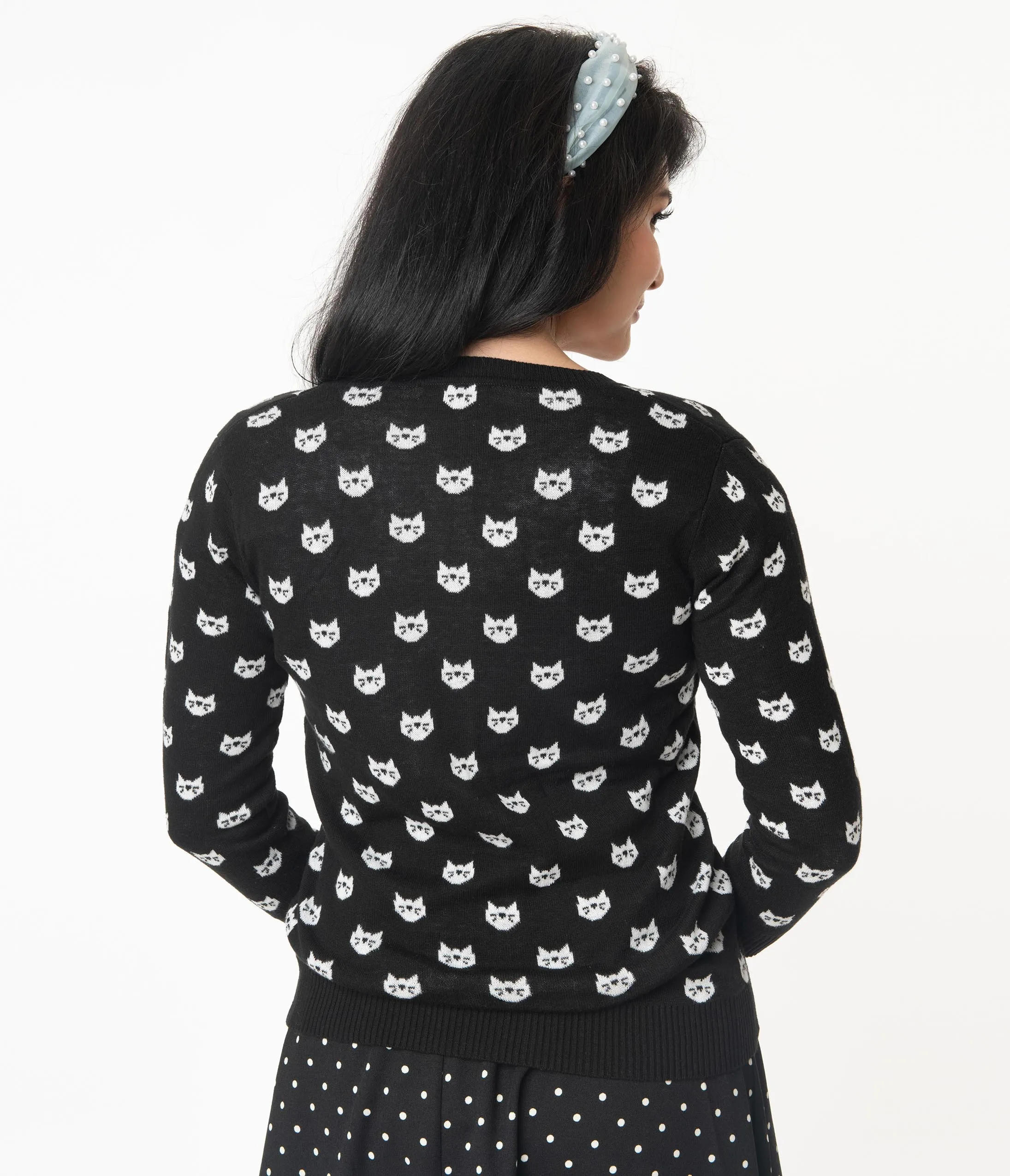 Black & White Cat Pattern Knit Cardigan