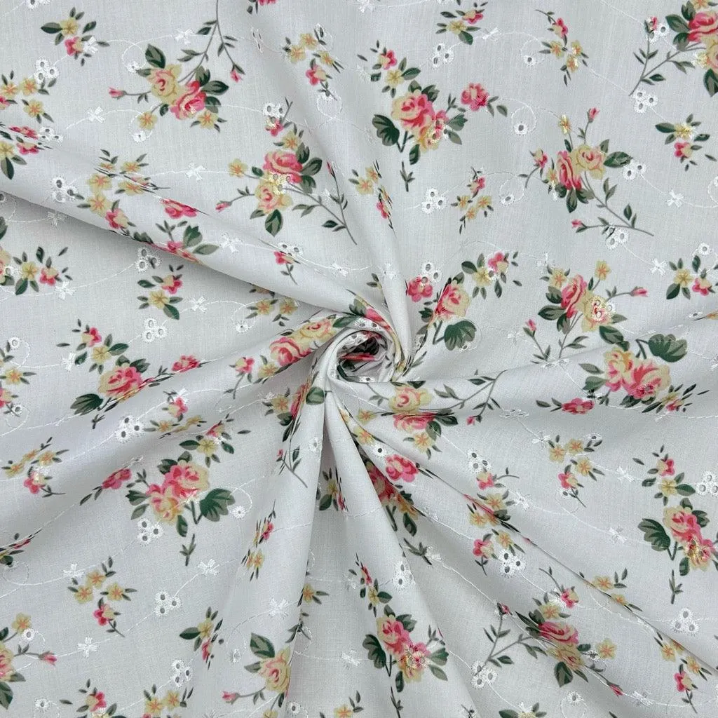 Blooming Bouquets Broderie Anglaise Polycotton Fabric