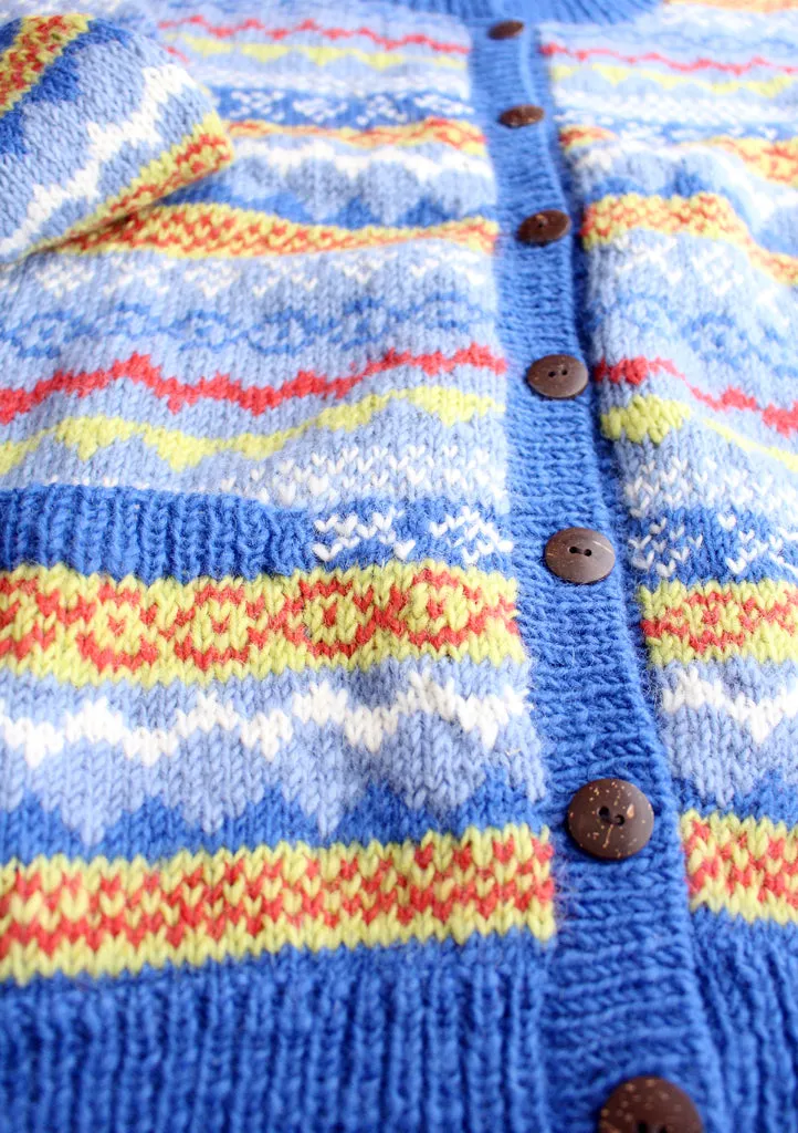 Blue and Yellow Mixed Multicolor Hand Knitted Pure Woolen Cardigan Sweater