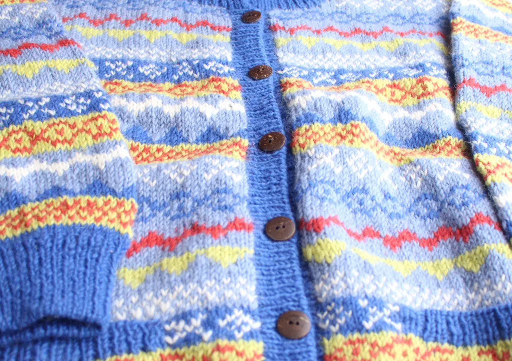 Blue and Yellow Mixed Multicolor Hand Knitted Pure Woolen Cardigan Sweater