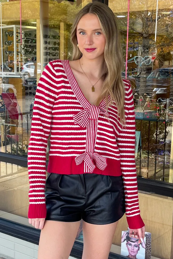 Bow Front Striped Sweater Top-Red/White