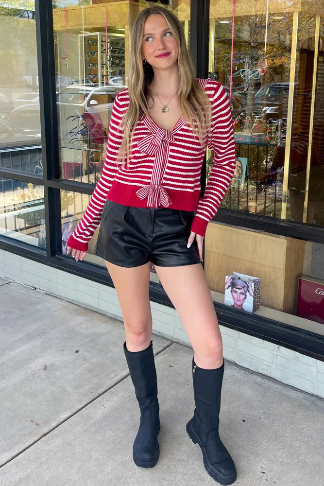 Bow Front Striped Sweater Top-Red/White