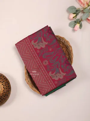 Burgundy Silk Cotton Saree with Floral Motif on the body and Zari Border