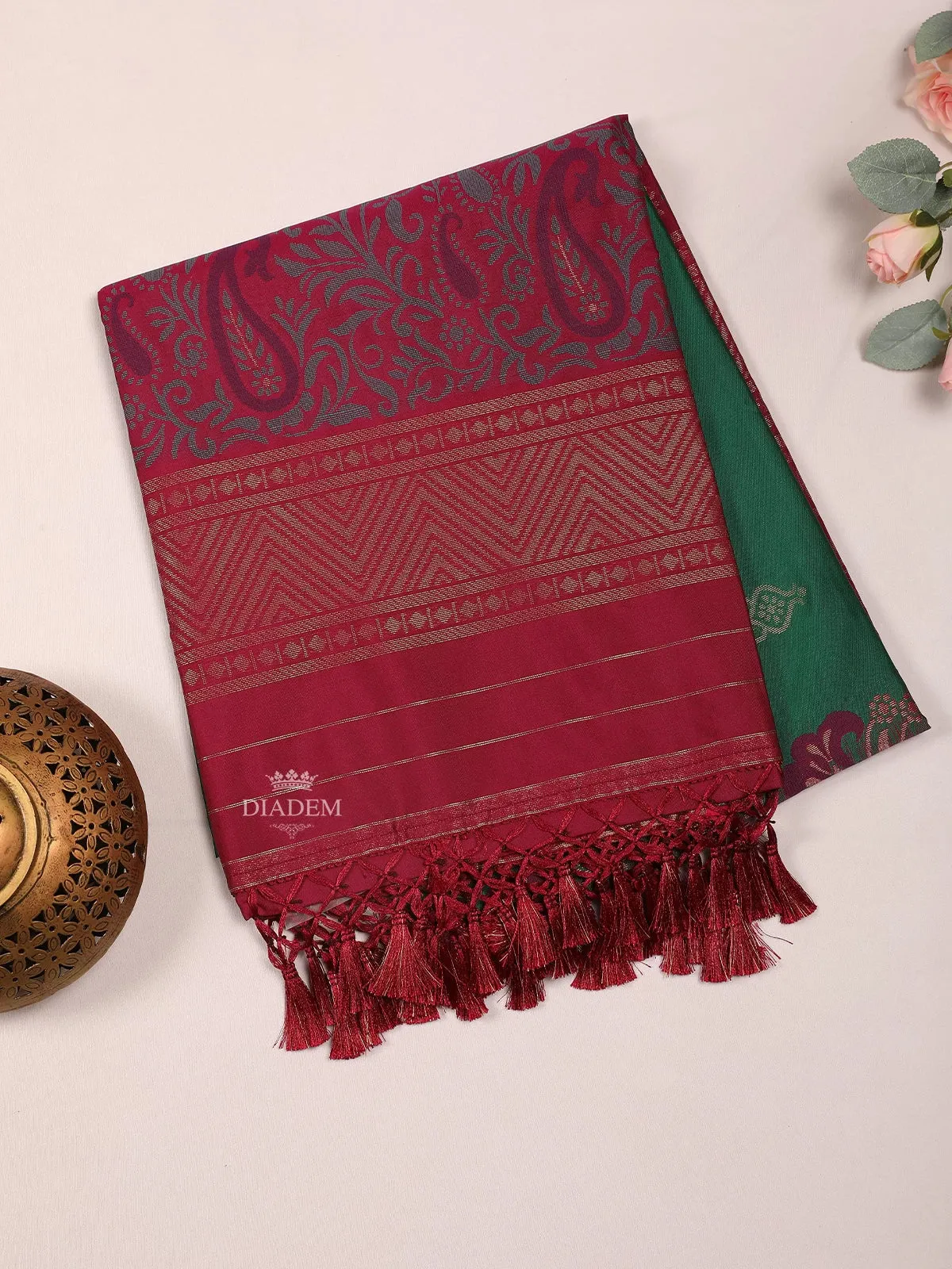 Burgundy Silk Cotton Saree with Floral Motif on the body and Zari Border