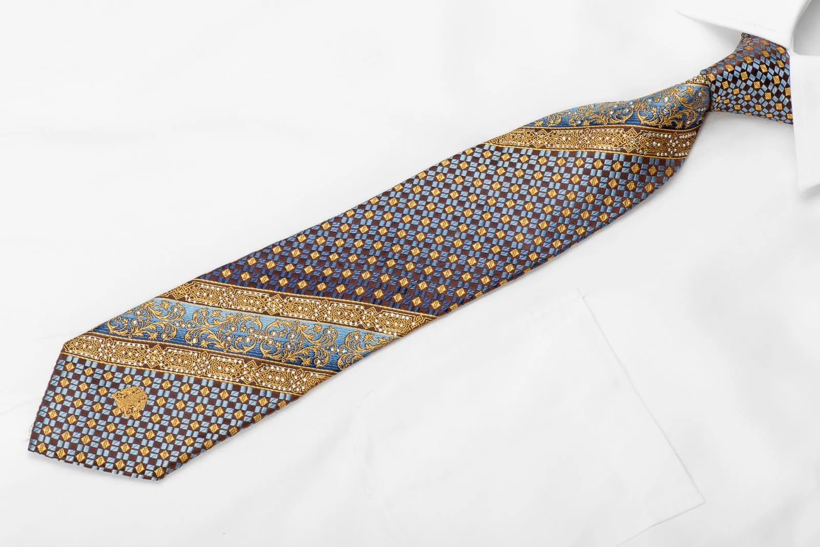 Cabrini Men's Crystal Silk Necktie Gold Blue Cartouche Checker On Brown With Gold Sparkles