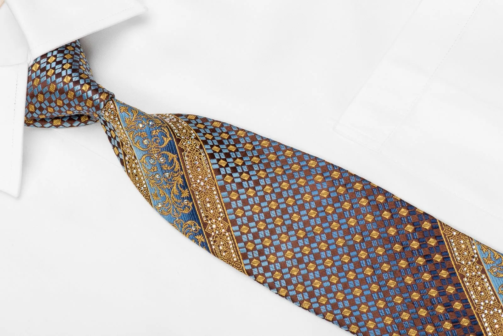 Cabrini Men's Crystal Silk Necktie Gold Blue Cartouche Checker On Brown With Gold Sparkles