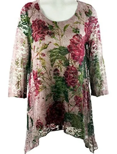 California Bloom - Red Roses, Blue Floral Print Top with a Sharkbite Hem & Scoop Neck