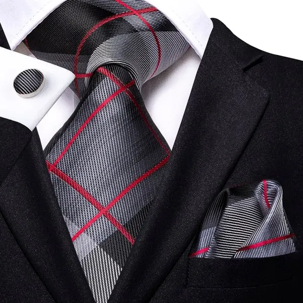 Classy Men Grey Red Checkered Silk Tie