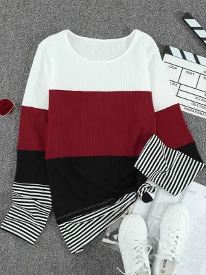 Color Block Sweatshirts Round Neck Pullover Casual Long Sleeve Comfy Casual Top