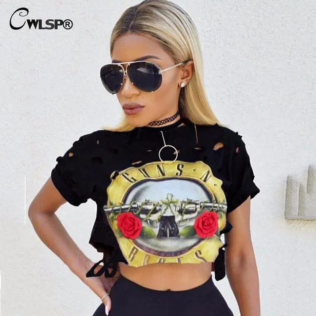 CWLSP Sexy Hole Women T-Shirt GUNS N ROSES Print Crop Top T Shirt Cropped Tops Hollow Out Short Sleeve Tee Shirt Femme QA1223