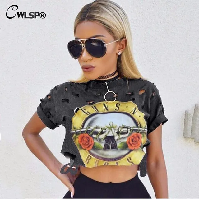 CWLSP Sexy Hole Women T-Shirt GUNS N ROSES Print Crop Top T Shirt Cropped Tops Hollow Out Short Sleeve Tee Shirt Femme QA1223