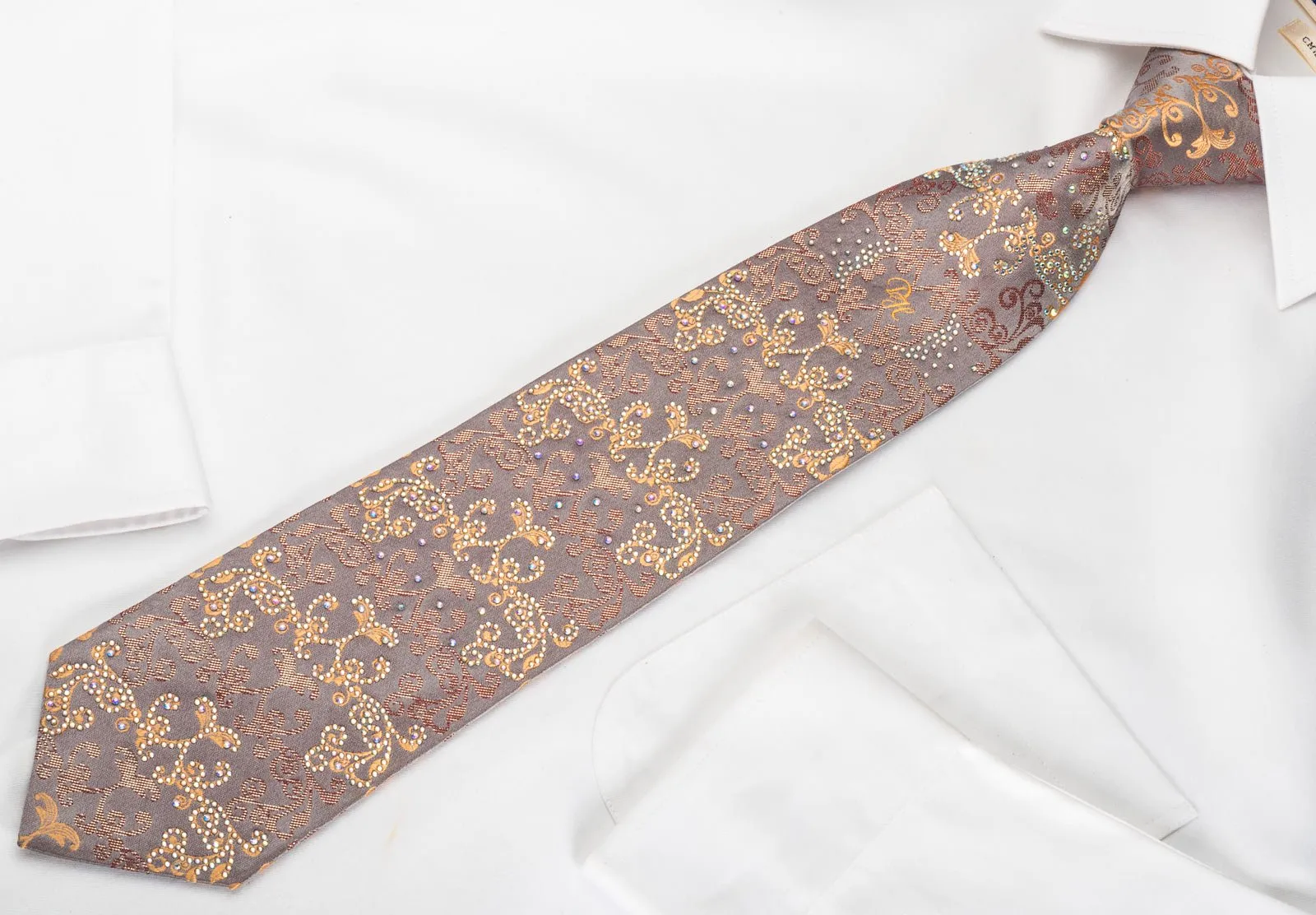 Daniel Hechter Rhinestone Silk Necktie Damask On Light Brown With Sparkles