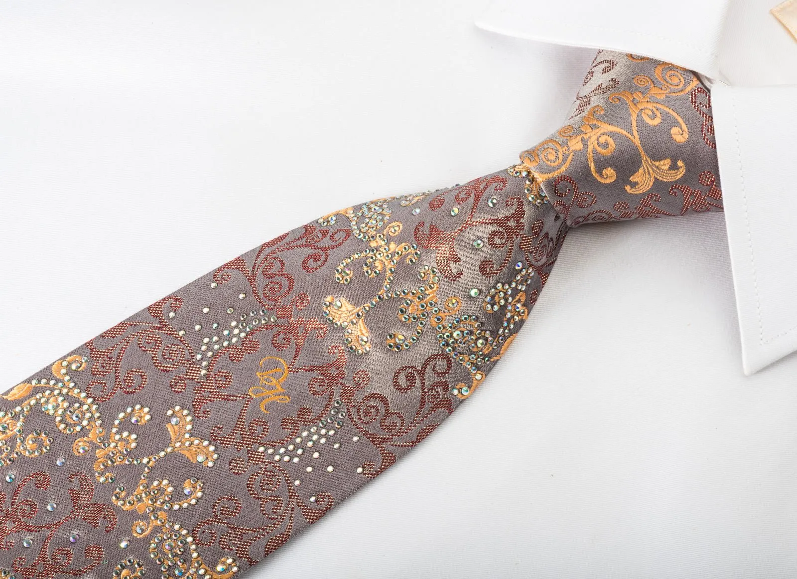 Daniel Hechter Rhinestone Silk Necktie Damask On Light Brown With Sparkles