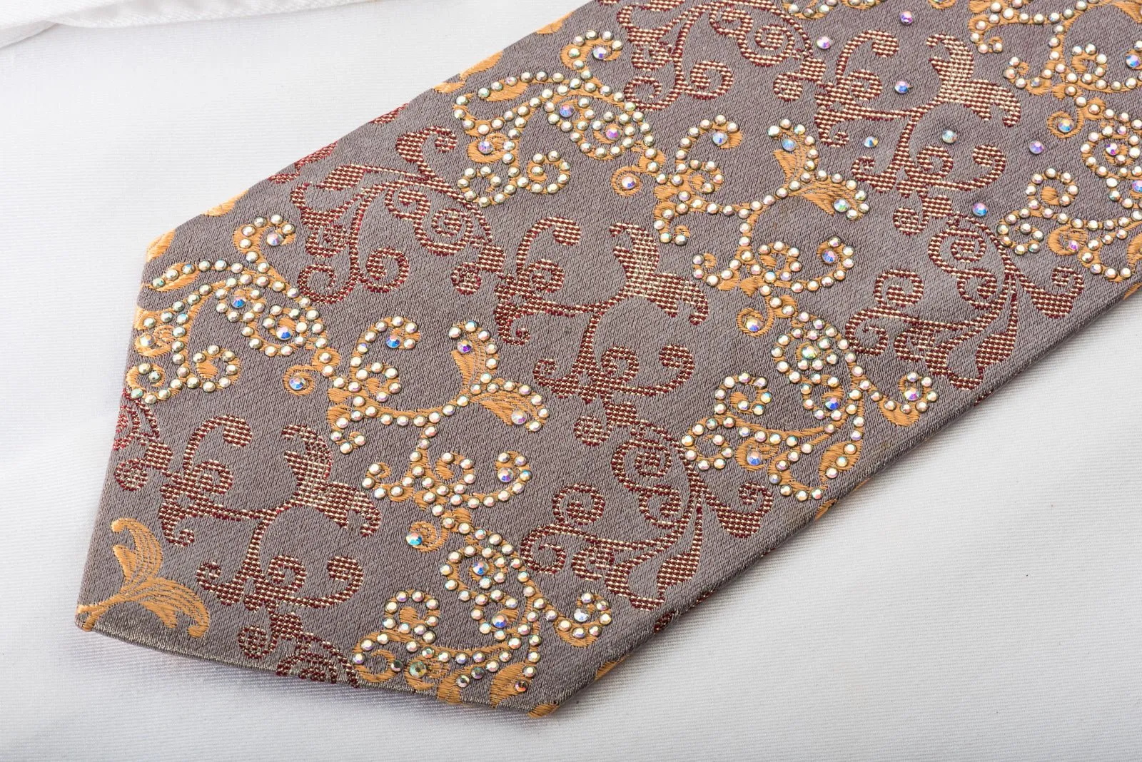 Daniel Hechter Rhinestone Silk Necktie Damask On Light Brown With Sparkles