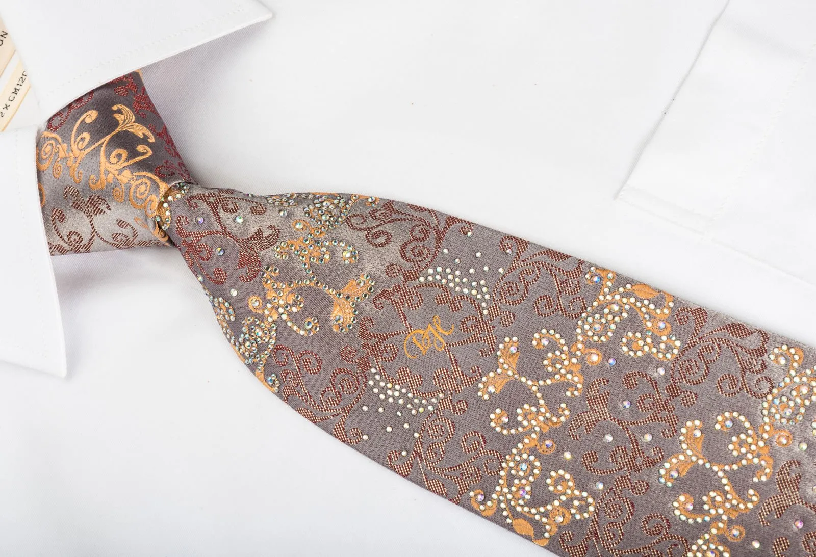 Daniel Hechter Rhinestone Silk Necktie Damask On Light Brown With Sparkles