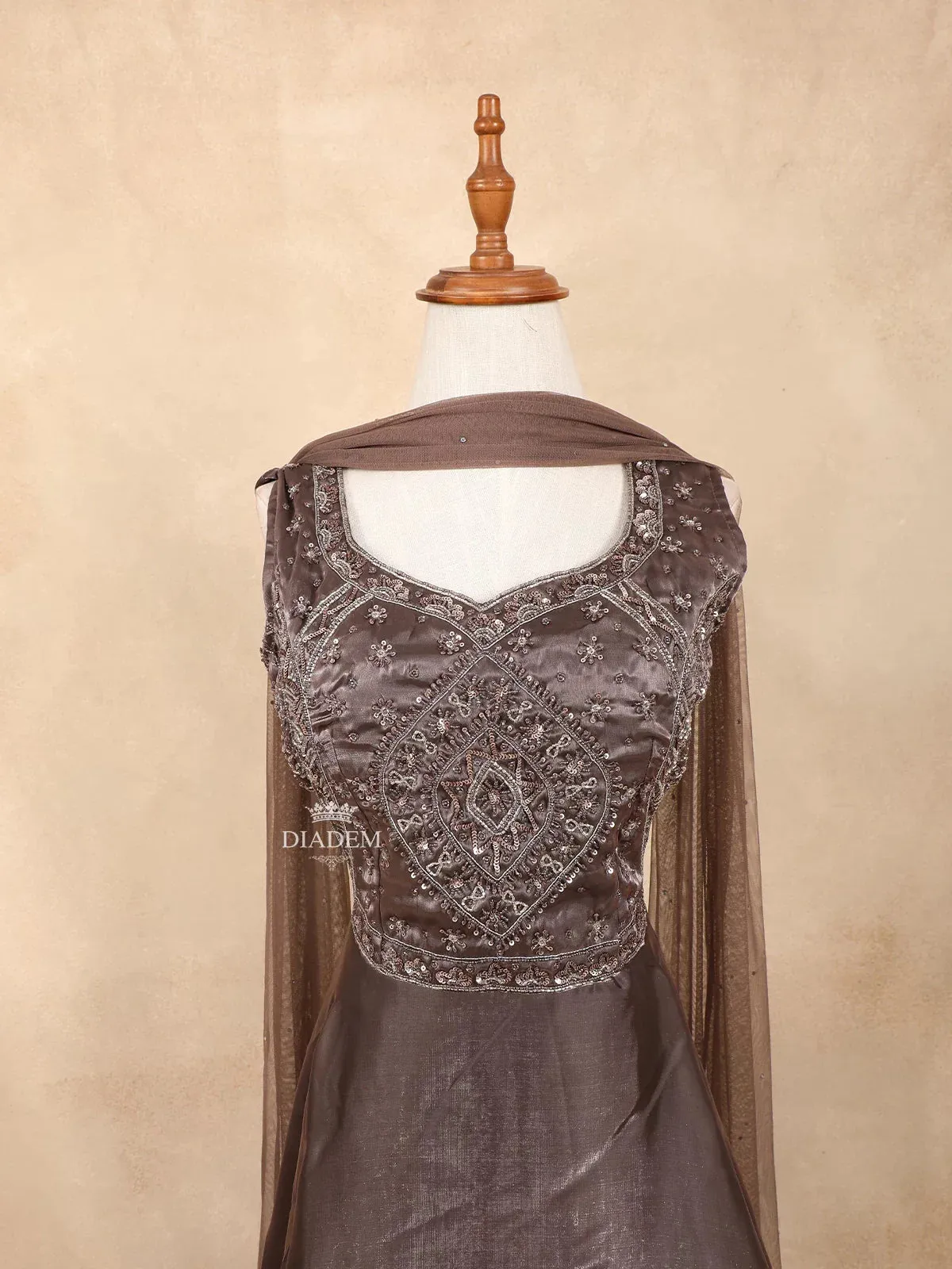 Dark Brown Gown with Sequins, Beads and Floral Design