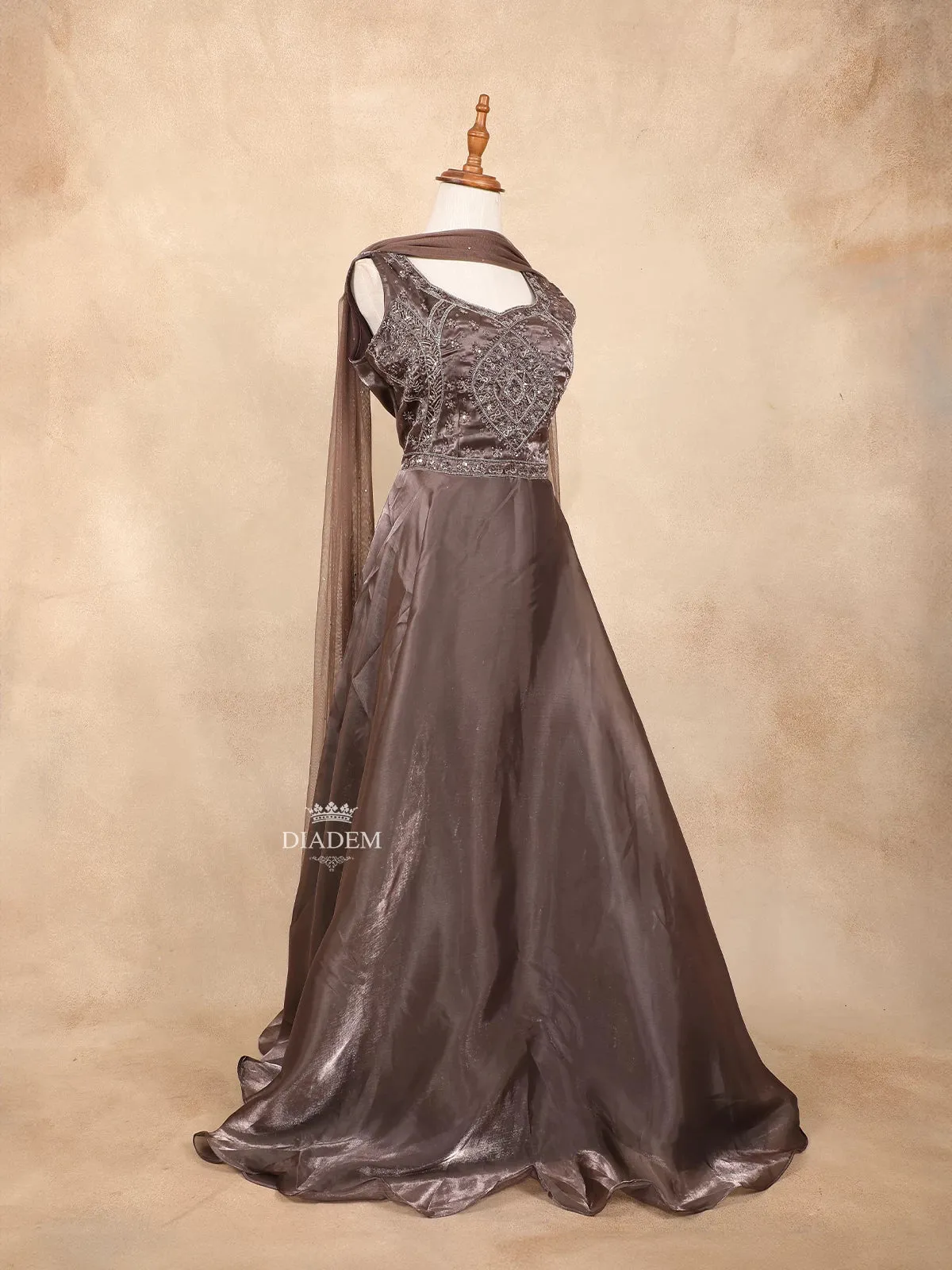 Dark Brown Gown with Sequins, Beads and Floral Design