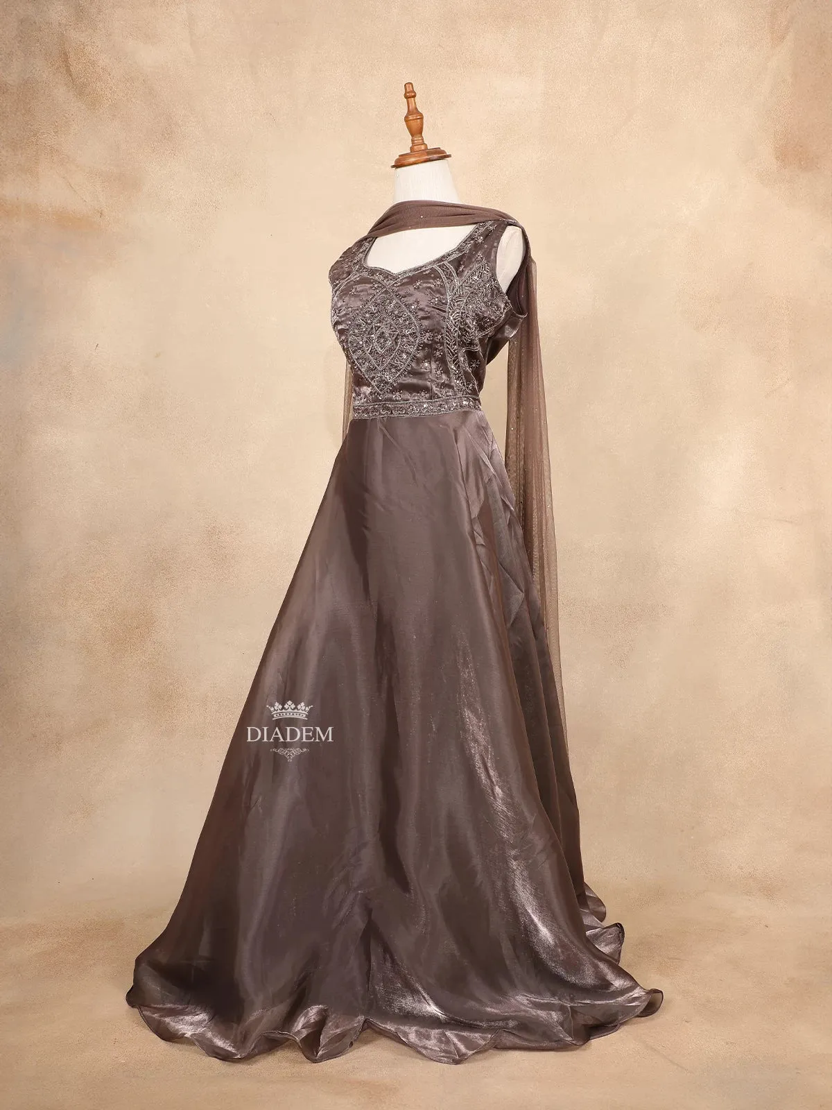 Dark Brown Gown with Sequins, Beads and Floral Design