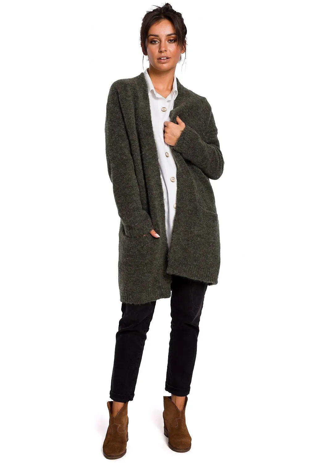 Dark Green Frame Pockets Cardigan