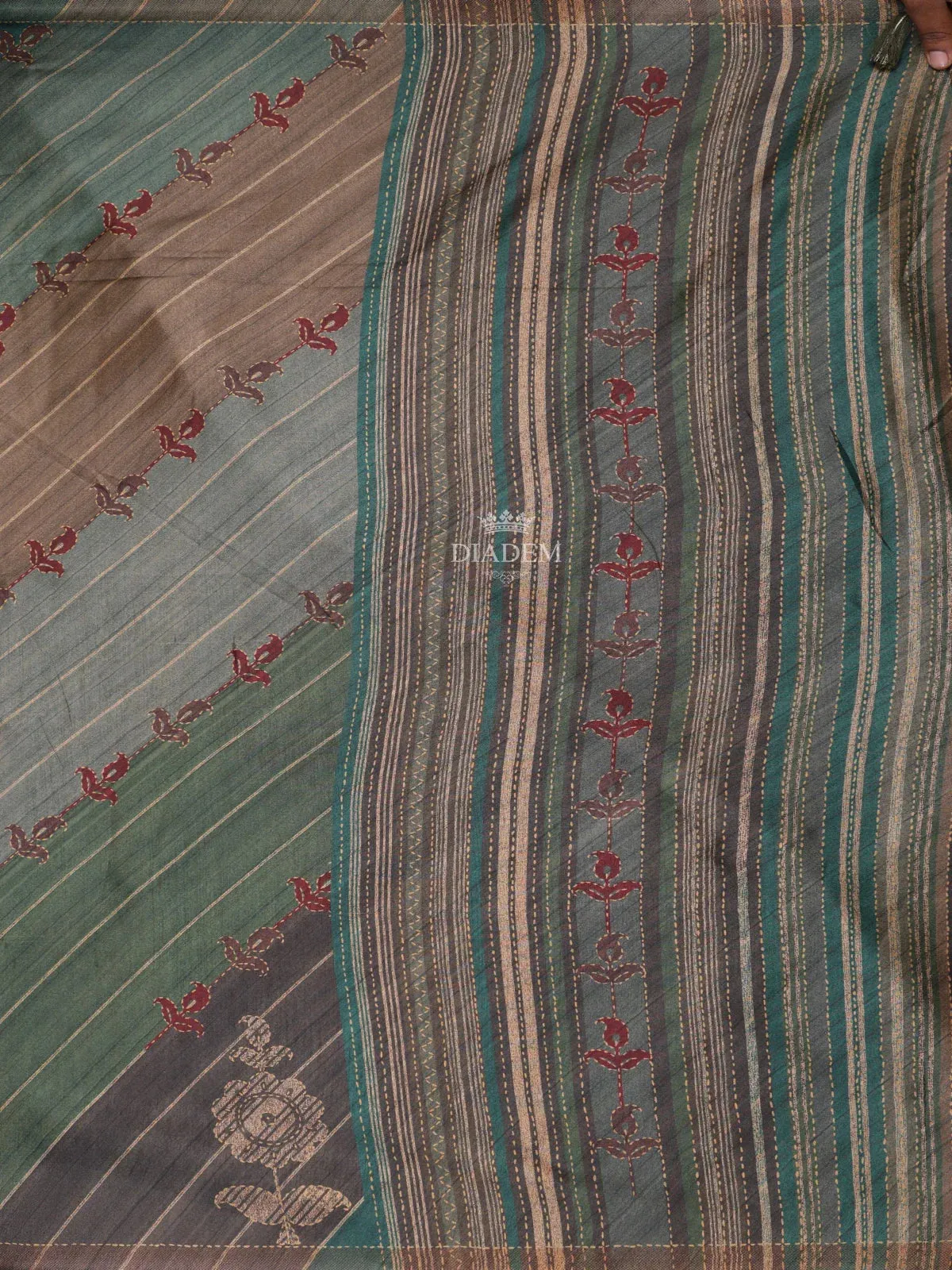 Dark Green Semi Tussar Silk Saree with Stripes and Floral Design on the Body and without Border