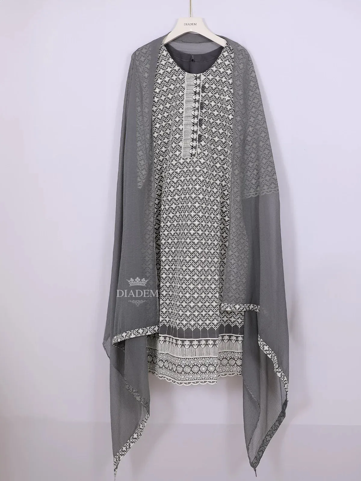 Dark Grey Cotton Straight Cut Salwar Suit Adorned with Floral Threadwork Embroidery, paired with Dupatta