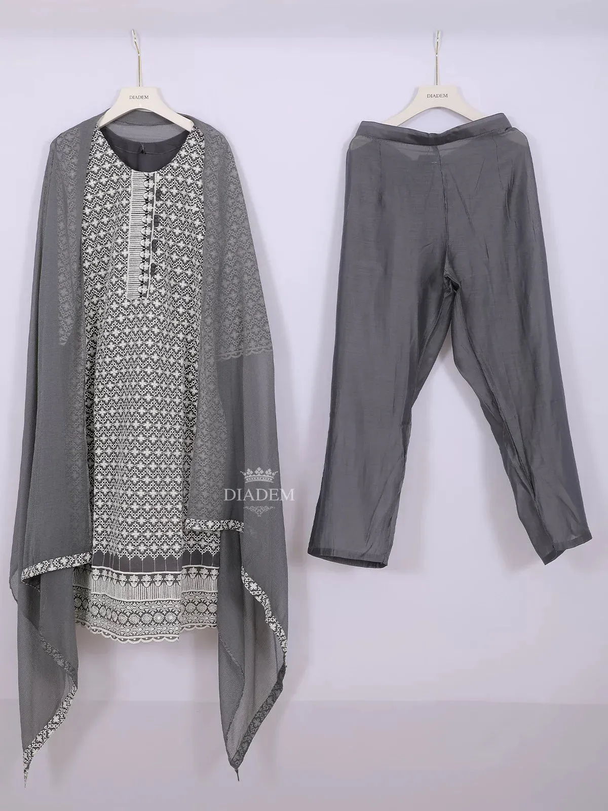 Dark Grey Cotton Straight Cut Salwar Suit Adorned with Floral Threadwork Embroidery, paired with Dupatta