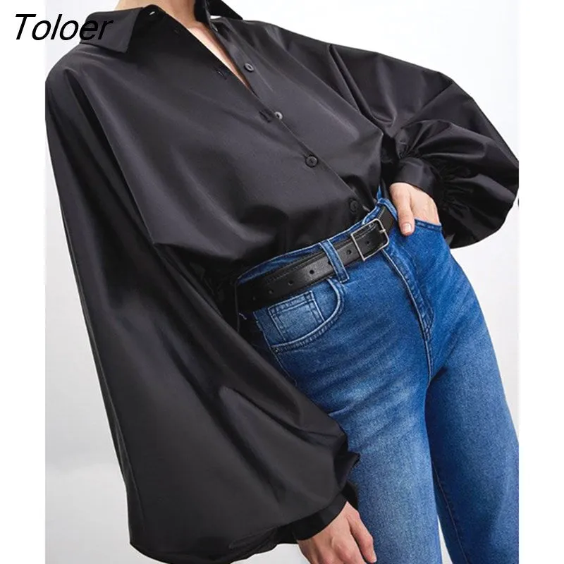 deanwangkt Office Lady Satin Lantern Sleeve Women's Blouse Spring Lapel Loose Elegant Shirt All-Match Casual Button Up Top Women