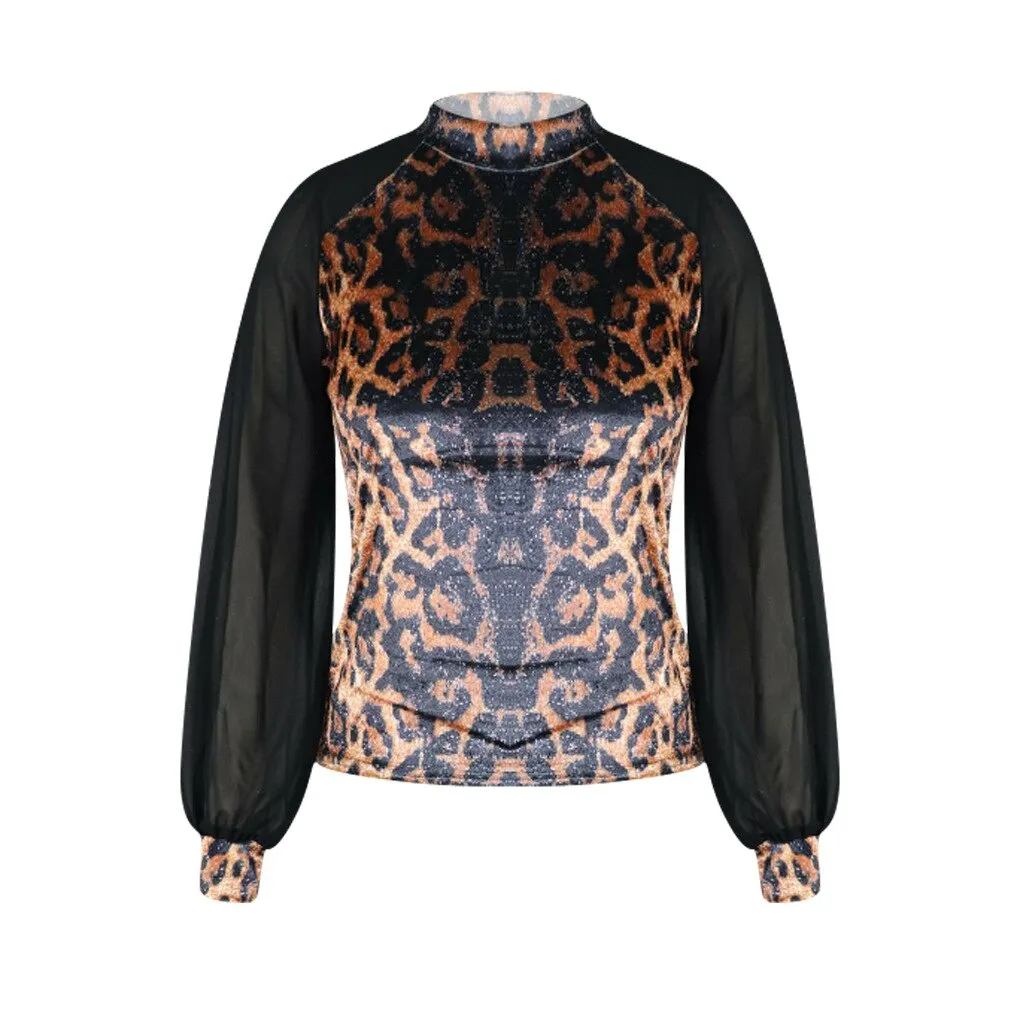 deanwangkt Women Elegant Leopard Mesh Long Sleeve Casual Blouse