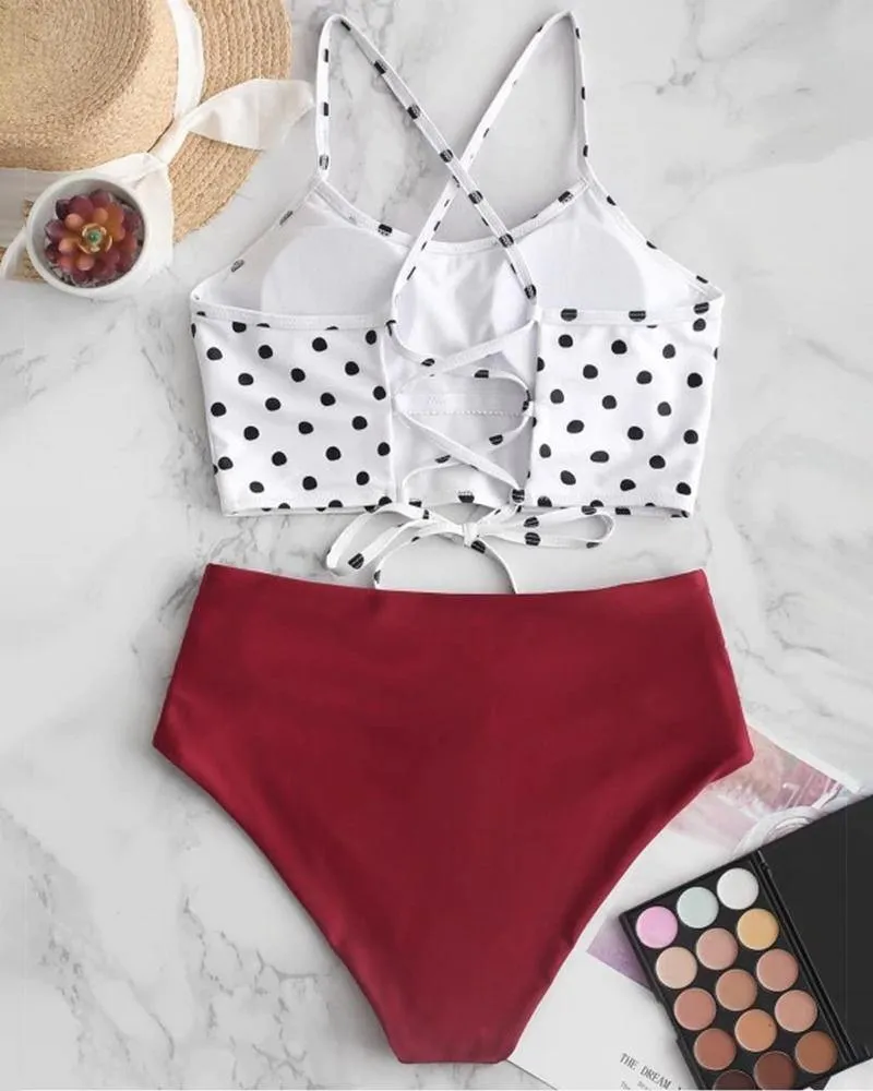 Dot Print Strap Tanks With High Waist Panties Bikini Sets