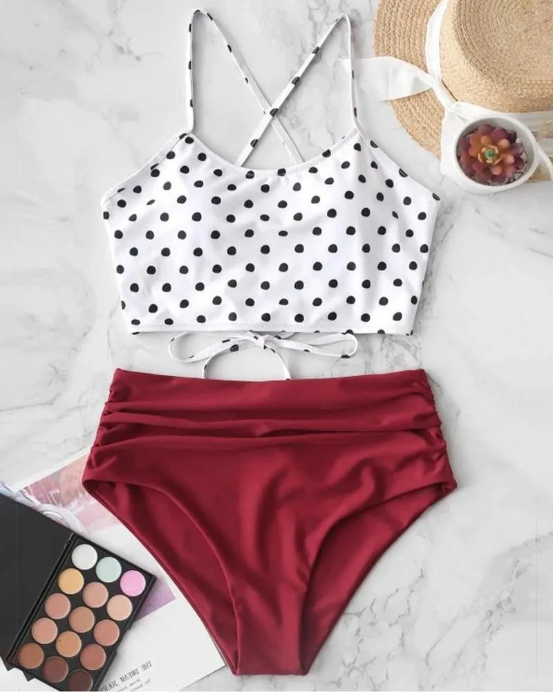 Dot Print Strap Tanks With High Waist Panties Bikini Sets