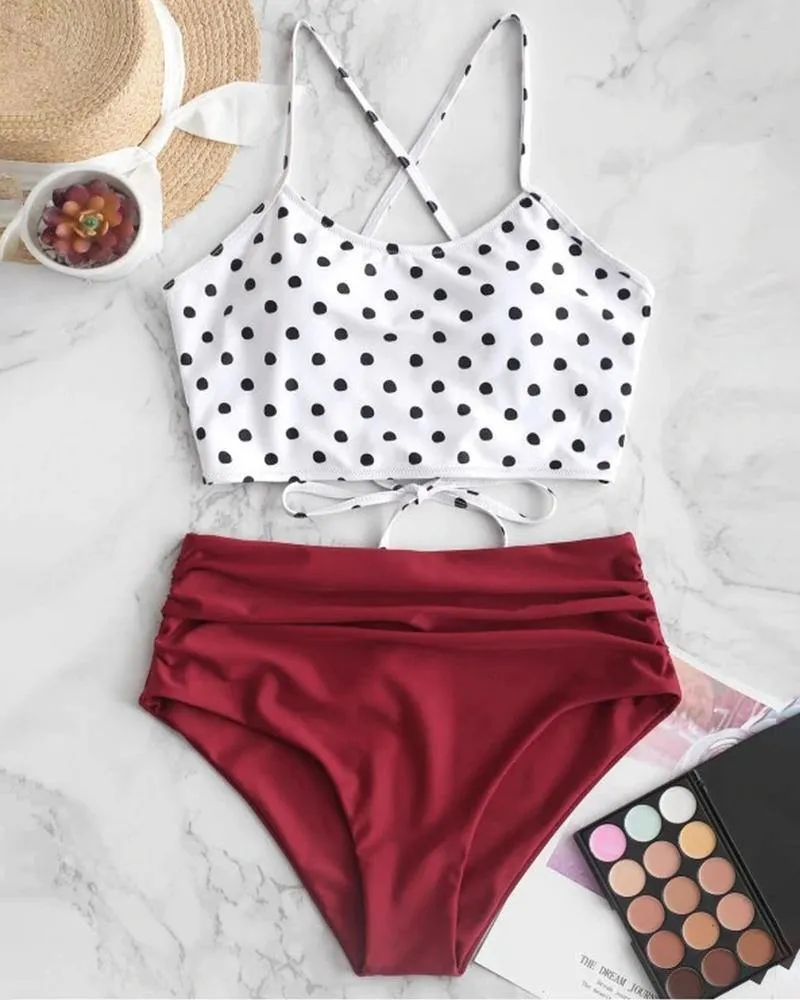 Dot Print Strap Tanks With High Waist Panties Bikini Sets