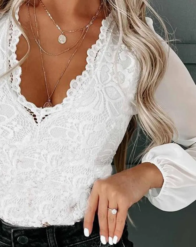 DressBetty - Elegant Contrast Mesh Long Sleeve Lace Top Fashion Woman Blouses Shirt