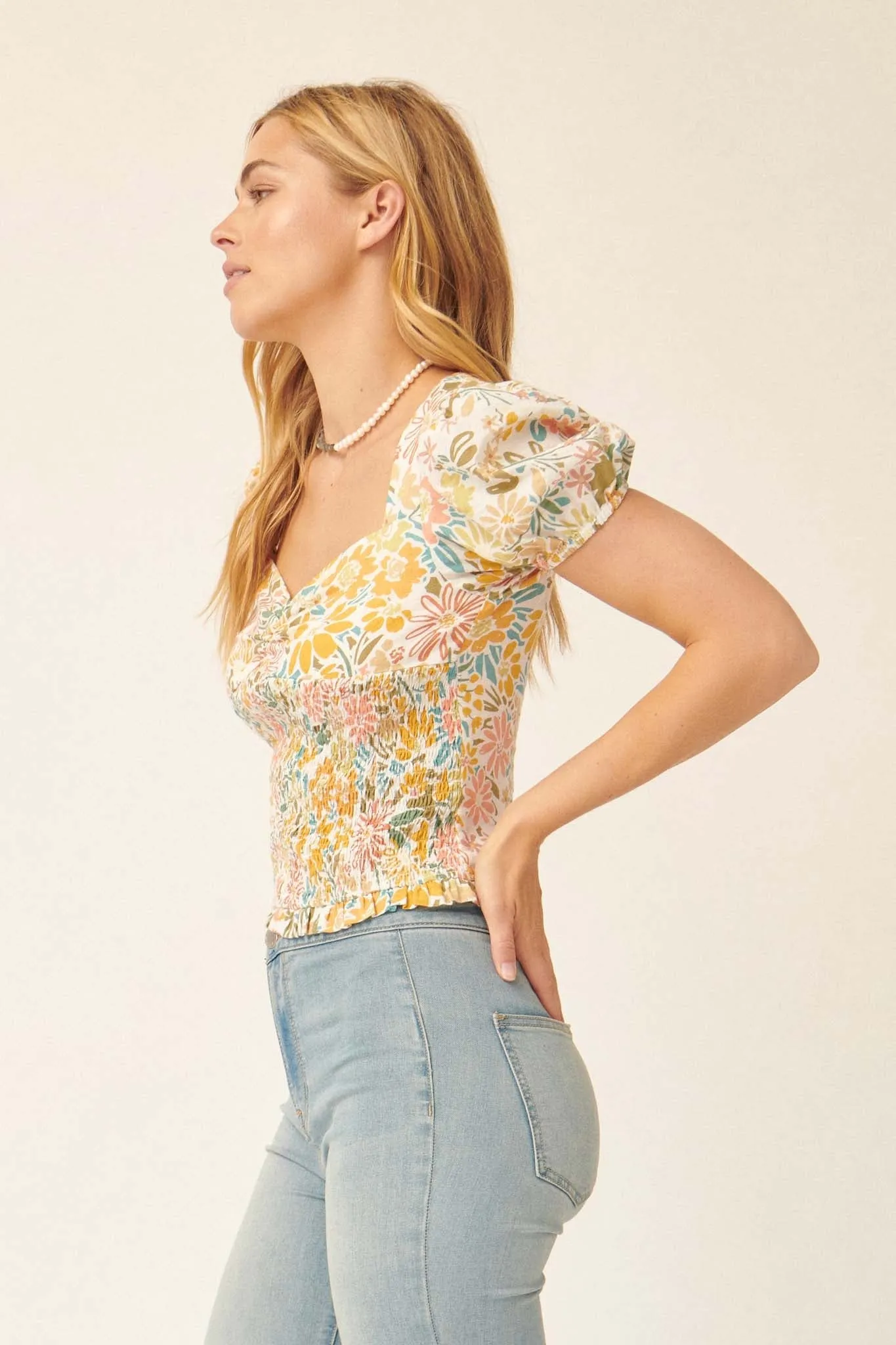 Eden's Beauty Smocked Floral Puff-Sleeve Top