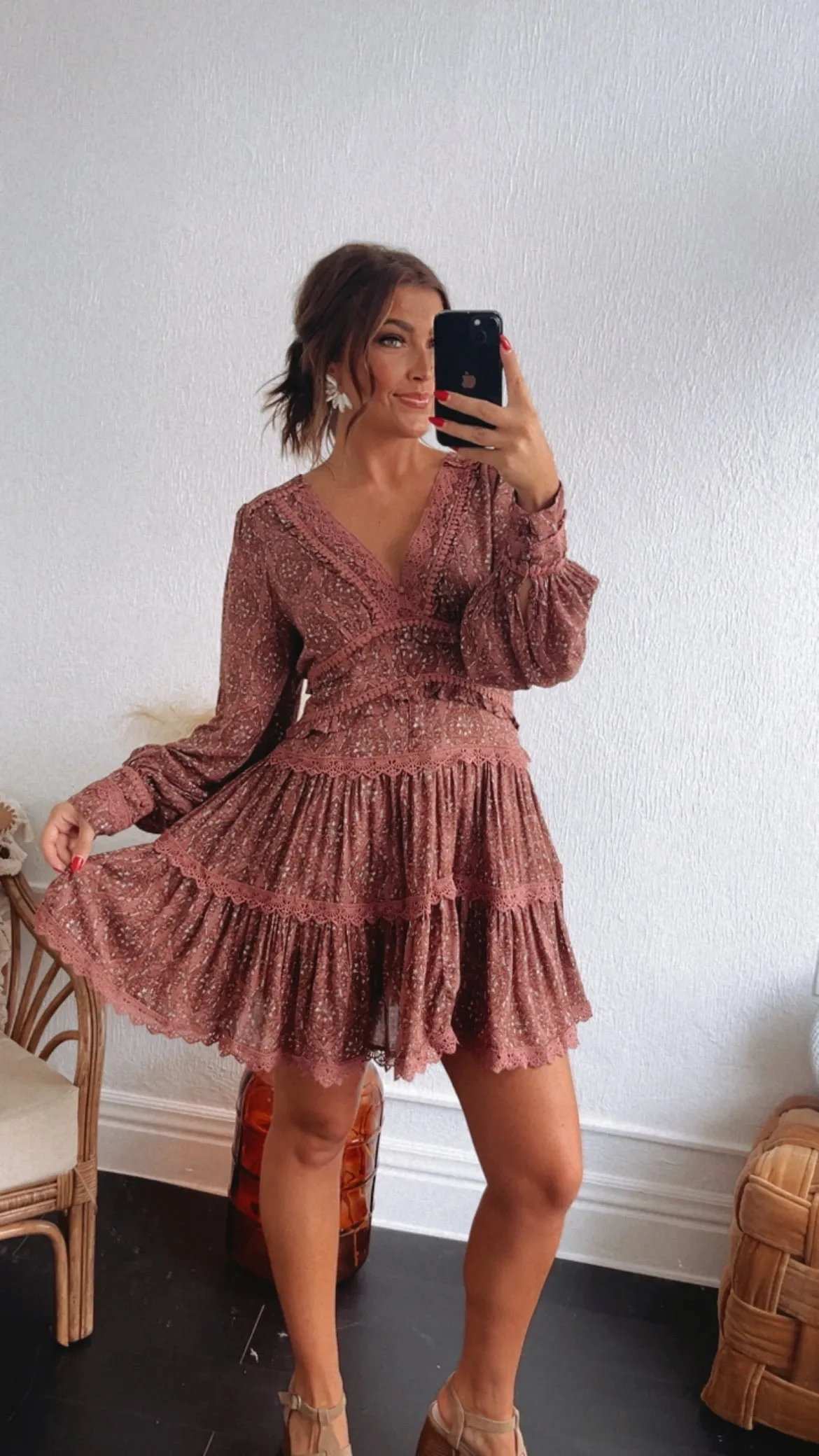 Effortless Charm Lace Tiered Mini Dress, Wine