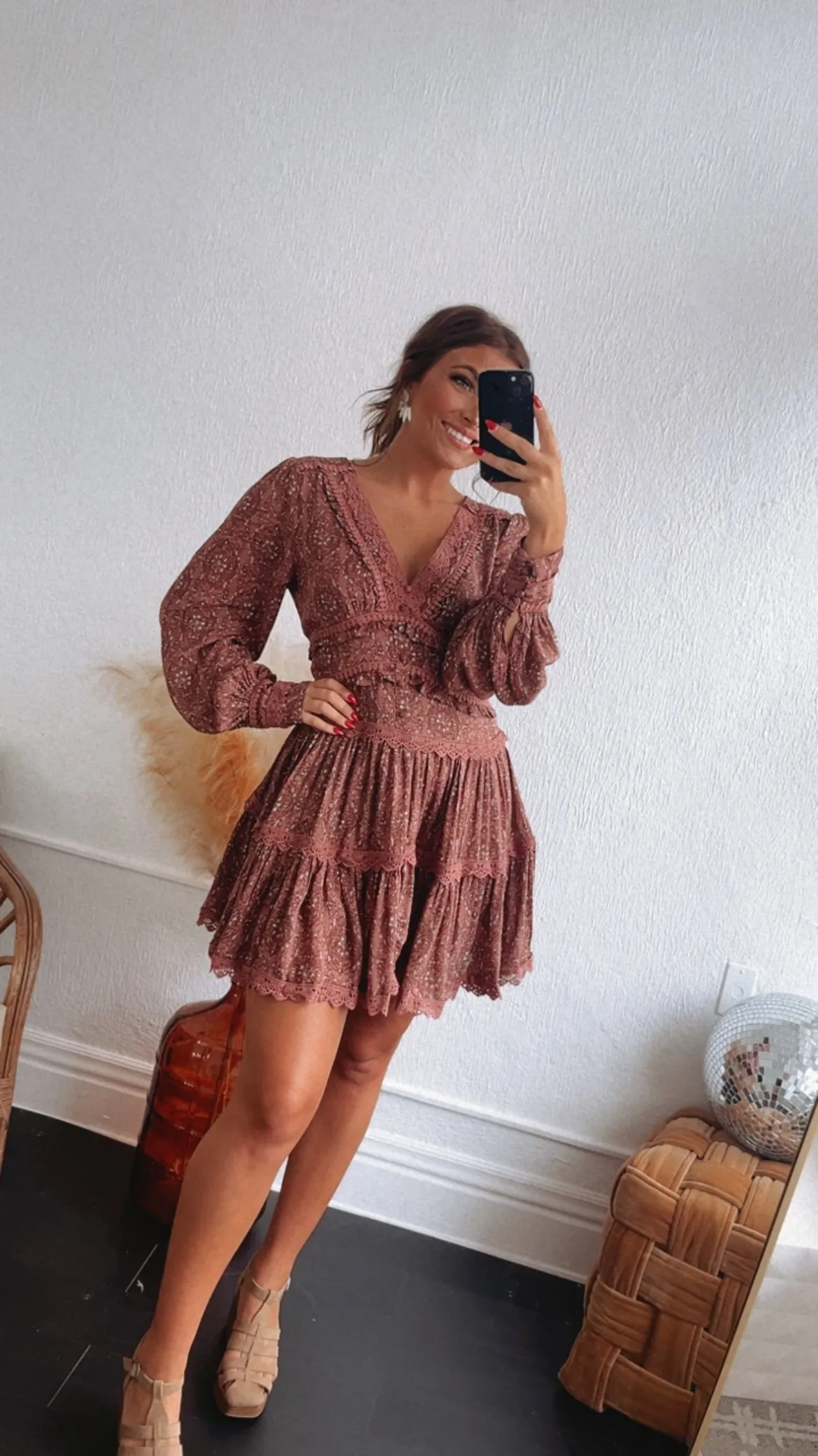 Effortless Charm Lace Tiered Mini Dress, Wine