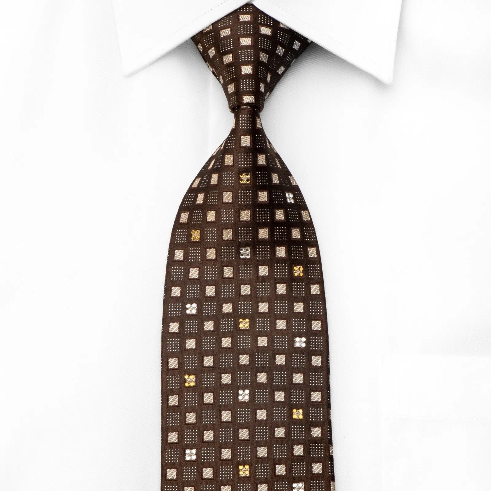 Elegance Men's Crystal Rhinestone Tie Golden Squares On Brown With Silver Sparkles