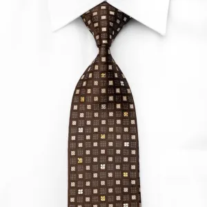 Elegance Men's Crystal Rhinestone Tie Golden Squares On Brown With Silver Sparkles