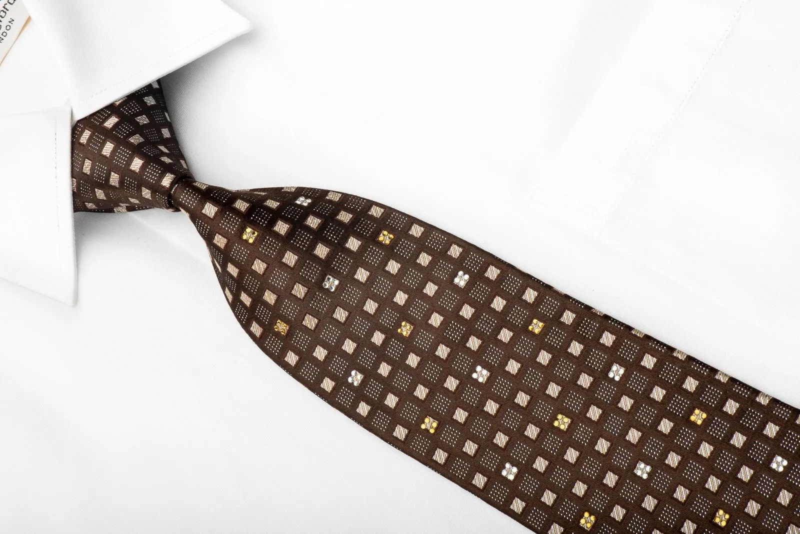 Elegance Men's Crystal Rhinestone Tie Golden Squares On Brown With Silver Sparkles