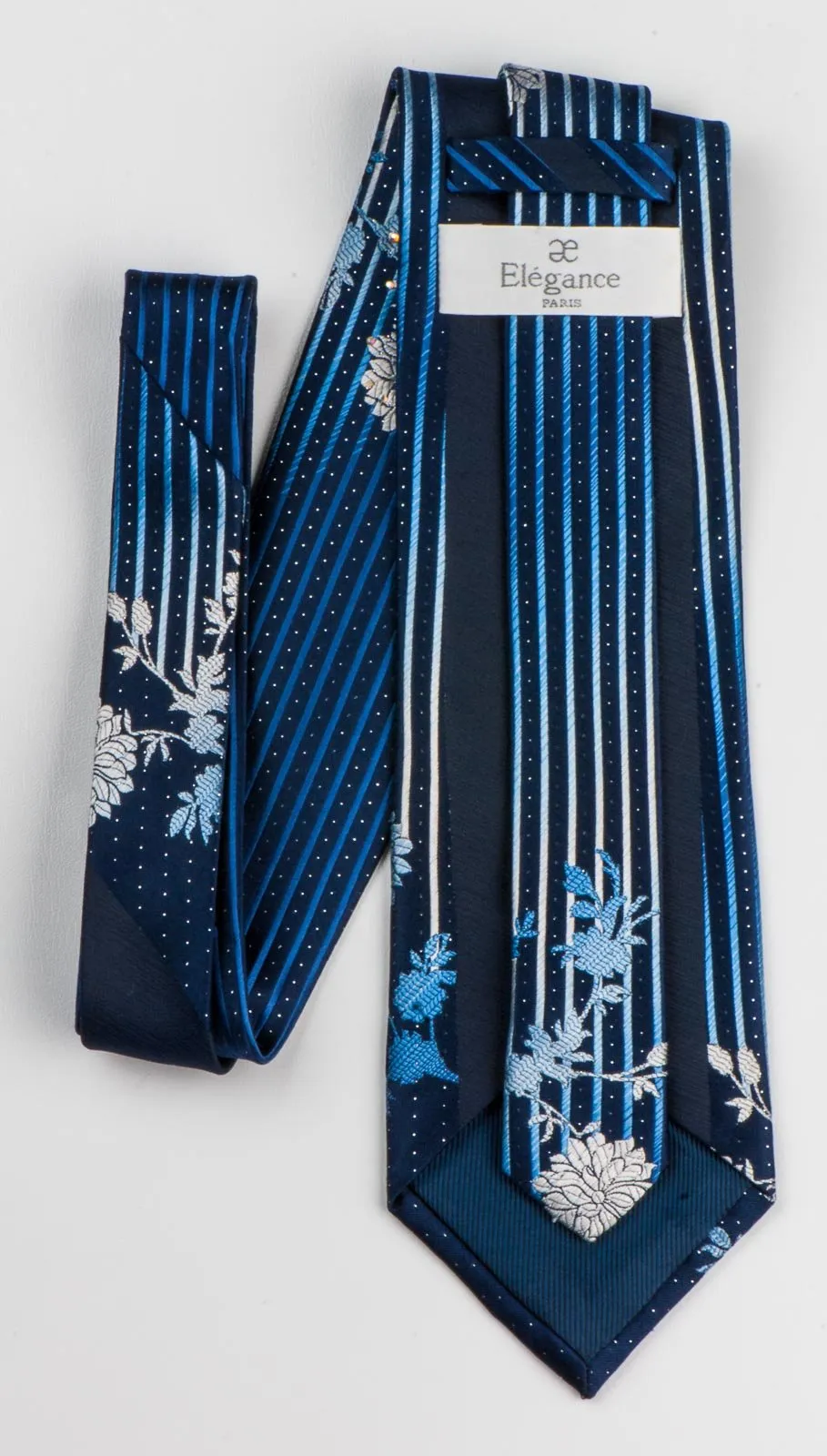 Elegance Men's Silk Neck Tie Floral & Vertical Striped On Blue With Rhinestones