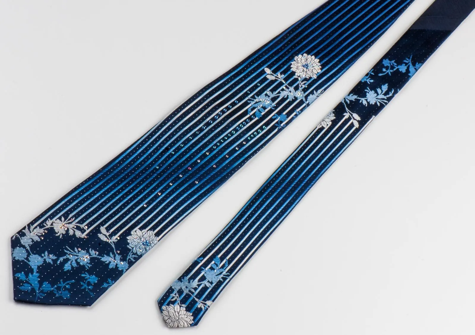 Elegance Men's Silk Neck Tie Floral & Vertical Striped On Blue With Rhinestones