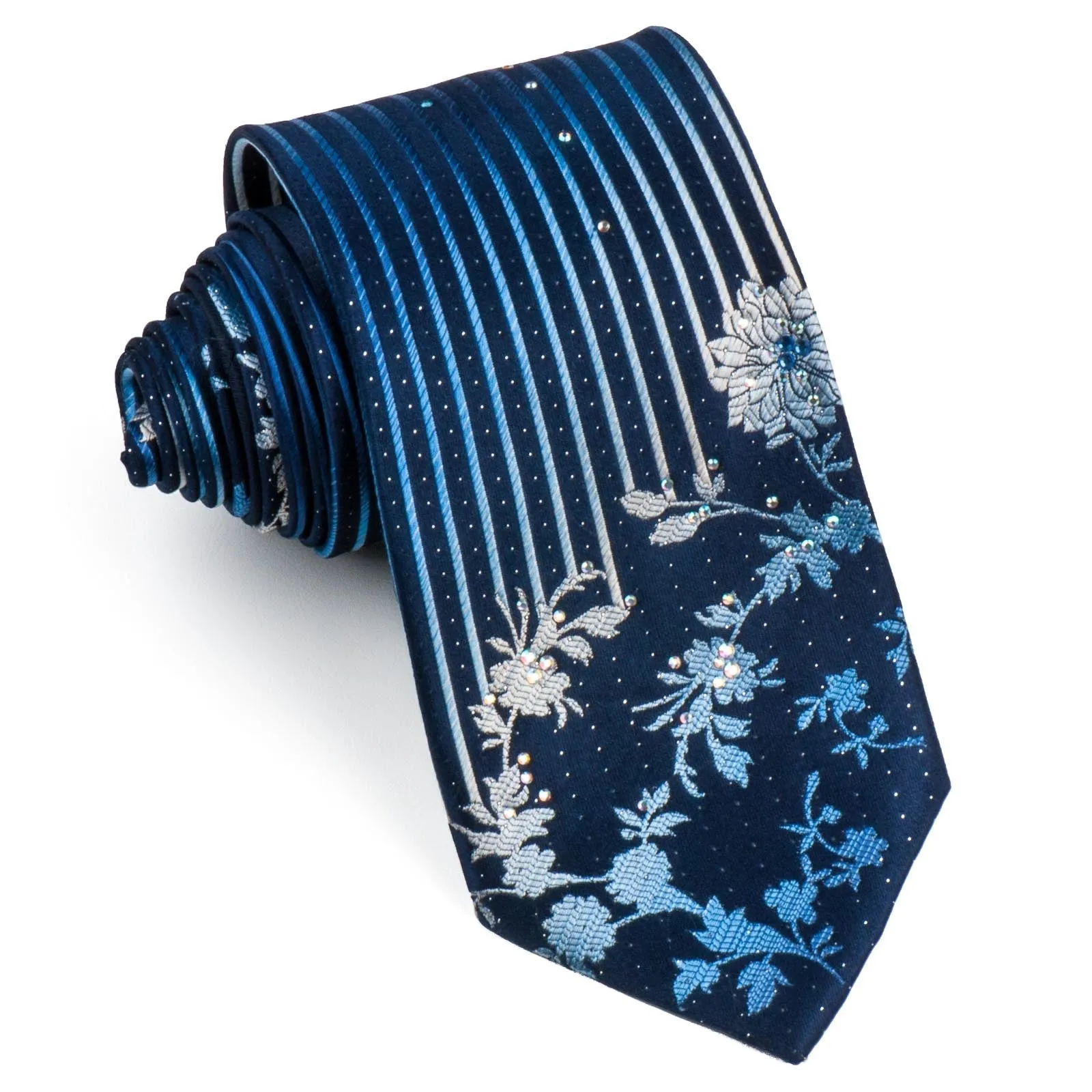 Elegance Men's Silk Neck Tie Floral & Vertical Striped On Blue With Rhinestones