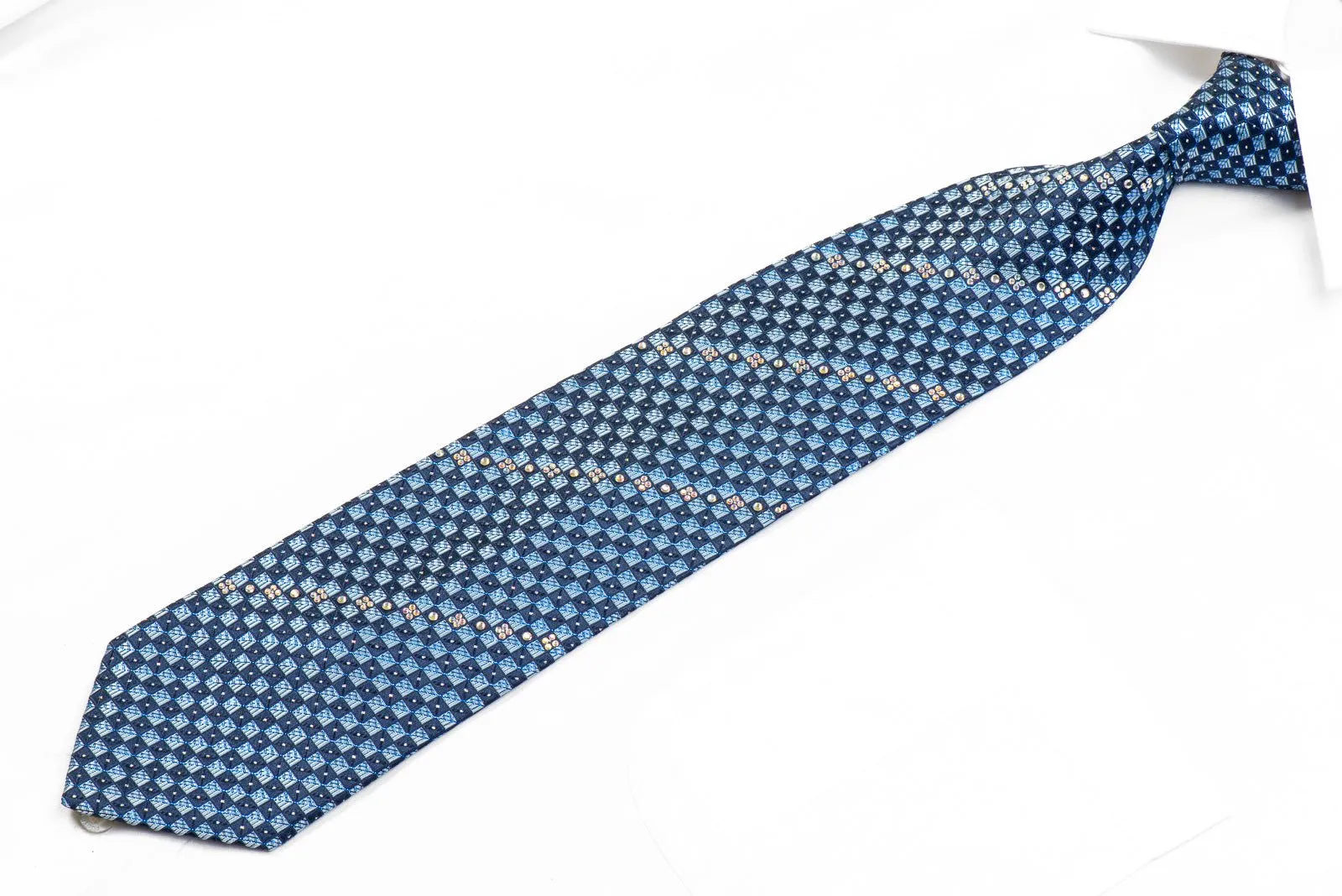 Elegance Rhinestone Silk Necktie Blue Checkered With Silver Sparkles